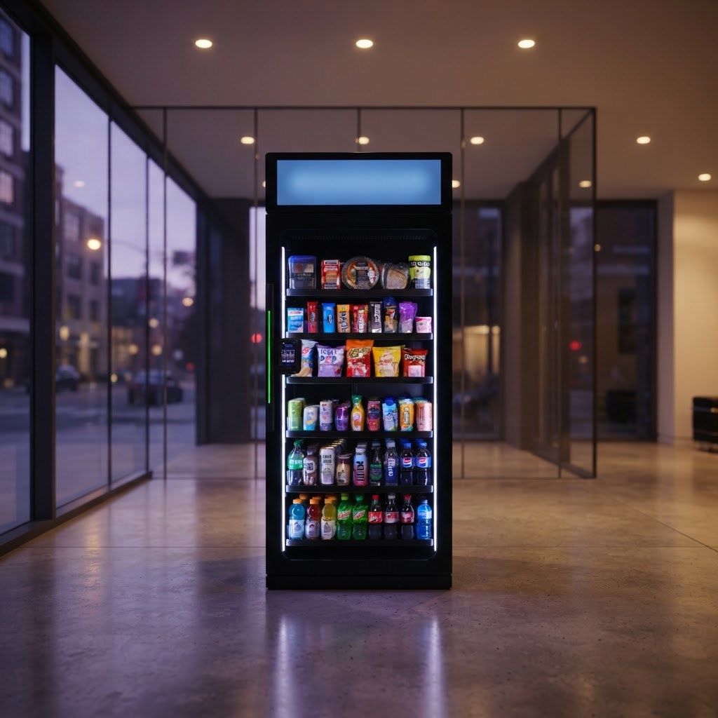 A glass-front AI micro-store cabinet in a modern apartment lobby at dusk