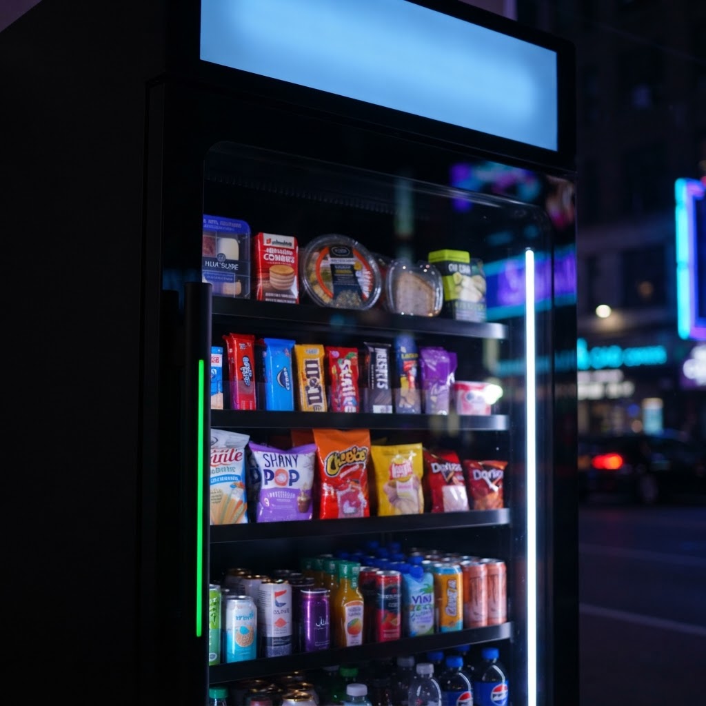 The backlit advertising panel and glowing handle of a smart market cabinet at night