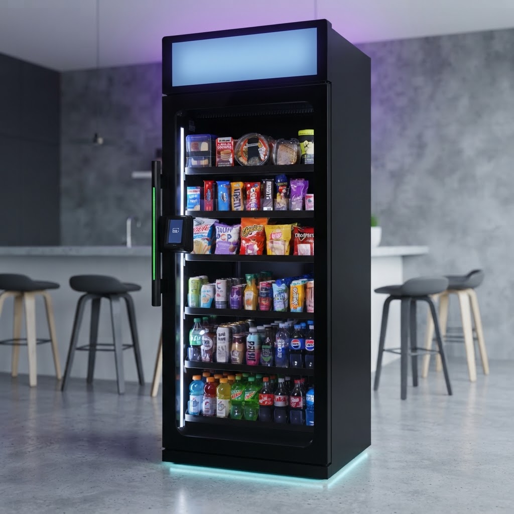 A glass-front AI micro-store cabinet beside a polished concrete wall in an office breakroom
