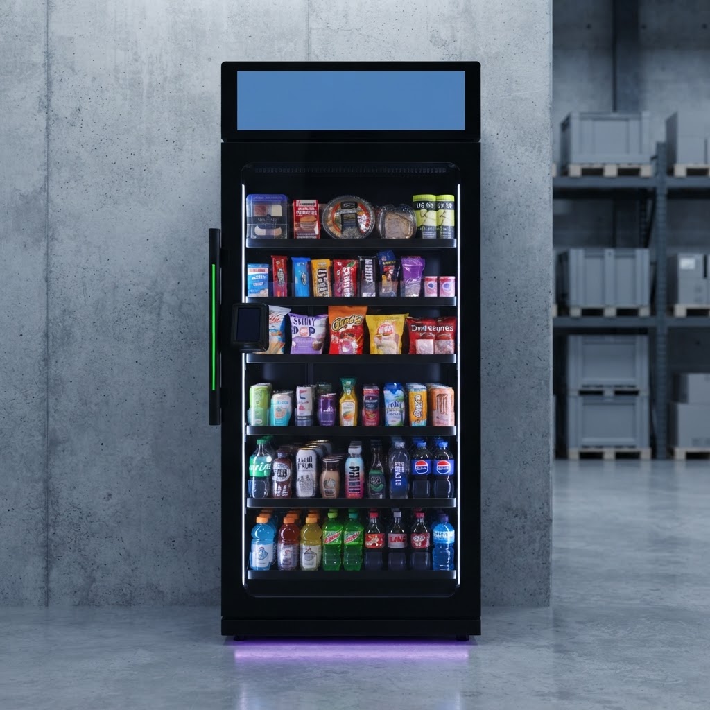 A glass-front AI micro-store cabinet in a warehouse breakroom with industrial racking
